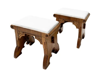 Arts & Crafts Hand-Carved Oak Stools with Boucle Upholstery, 1900s